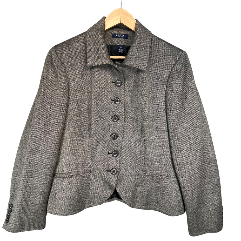 Chaps Women's Gray Wool Blend Blazer Jacket Career Business Herringbone Size L